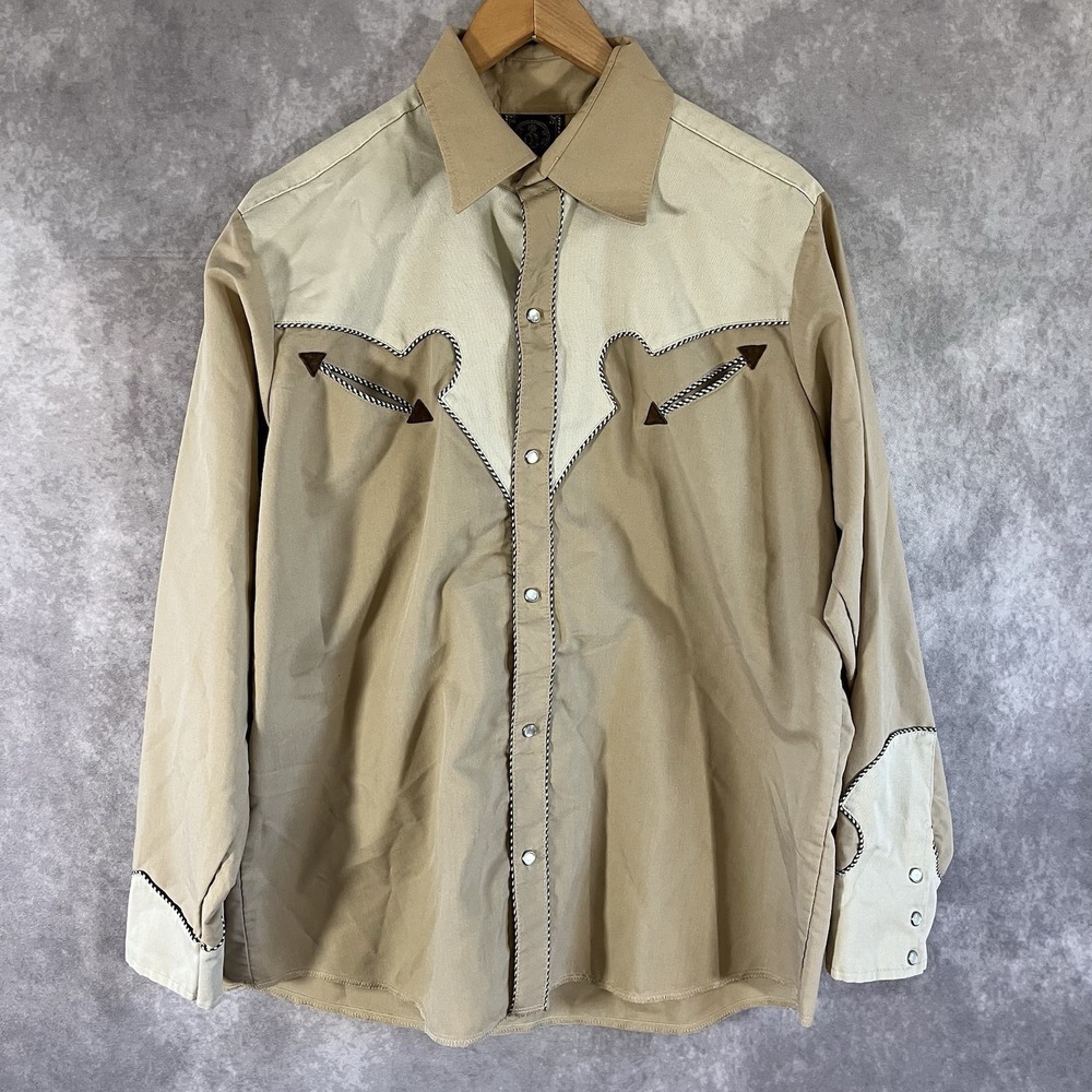 Espuela de Oro Western Shirt Mens XL Tan Cream Pearl Snap Smile Pockets Mexico